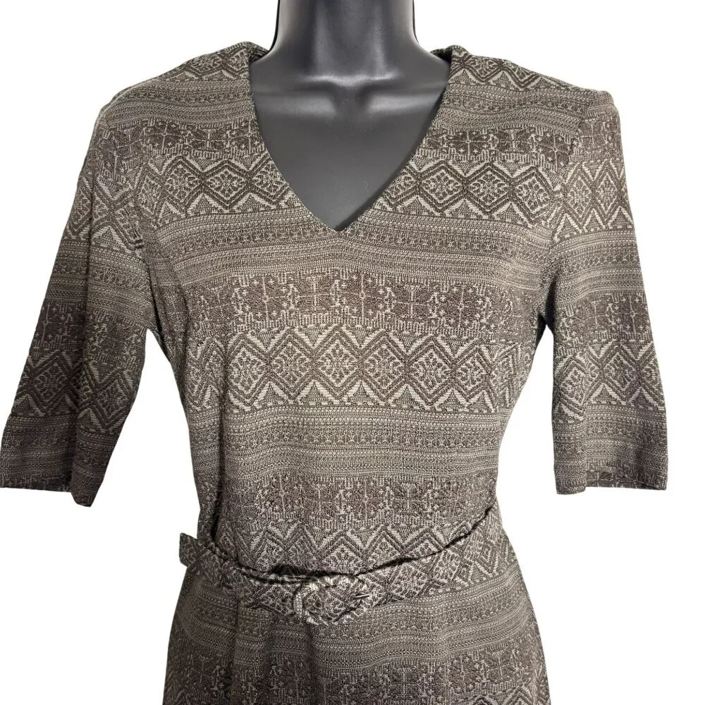 W By Worth Artsy Brown Patterned V-Neck Belted Dress Size 2 - Picture 2 of 11